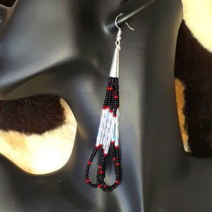 NAVAJO Ex-Long Hand Crafted Black Twist Seed Beaded Loops Earrings